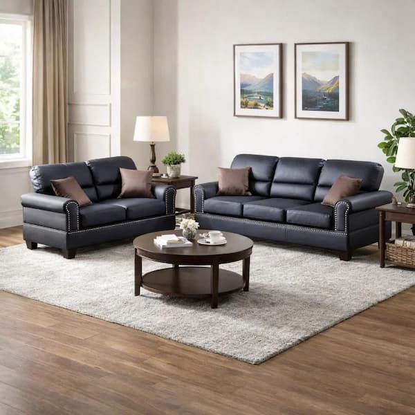 82 in. Round Arm Faux Leather Rectangle Sofa and Loveseat Set in Black
