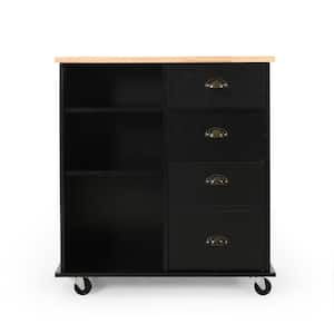 Black Kitchen Cart with Drawers Shelf Wheels