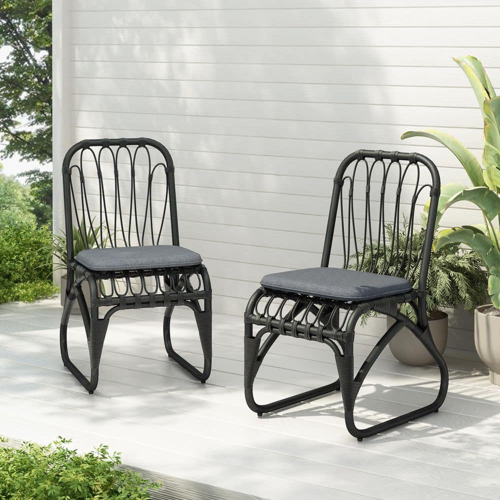 (2 Sets) PE Wicker Outdoor Dining Chairs with Gray Cushion, Outdoor Rattan 