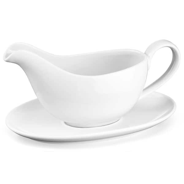 18 oz. White Porcelain Gravy Boats with Saucer, Large White Ceramic Gravy Boat, Drip Proof No Mess Up Table