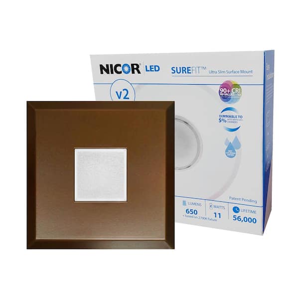 NICOR SureFit(v2) 5.2 in. Square Oil-Rubbed Bronze Ultra Slim LED Flush Mount 2700K