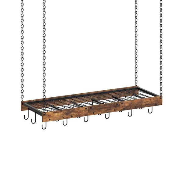 Hanging Pot Rack with 18 S-Shaped Hooks for Kitchen, Ceiling Mounted Pot Rack for Cookware Storage, Brown and Black