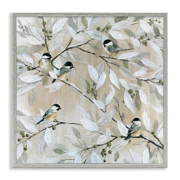 Stupell Industries Chickadee Birds on Branches by Carol Robinson 1-Piece Gray Framed Nature Giclee Art print 24 in. x 24 in.