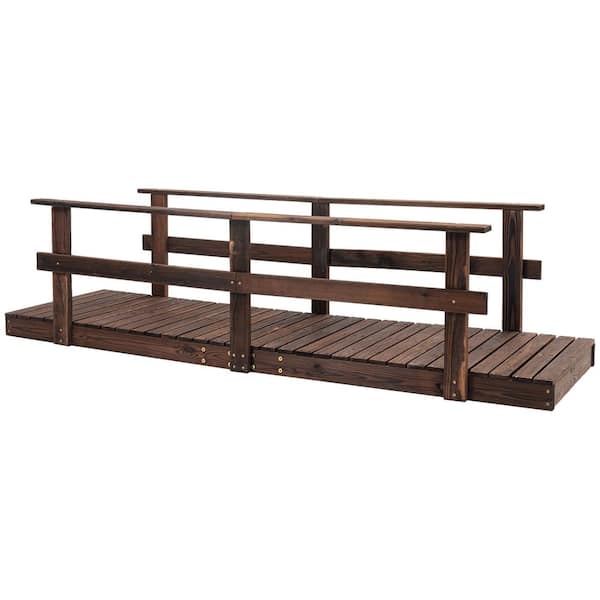 Otryad 7 ft. Wooden Garden Bridge with Safety Rails, Backyard Footbridge for Ponds, Creeks, Streams, Stained Finish-Brown