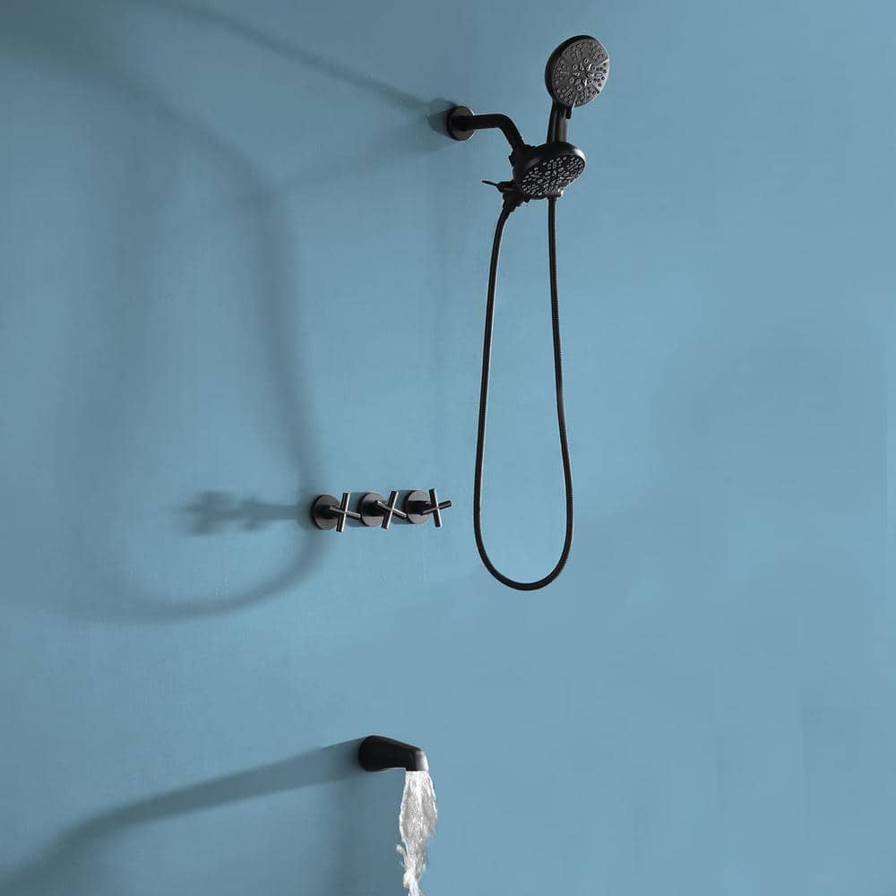 Matte Black Triple Handle Wall Mounted Shower Faucet Set