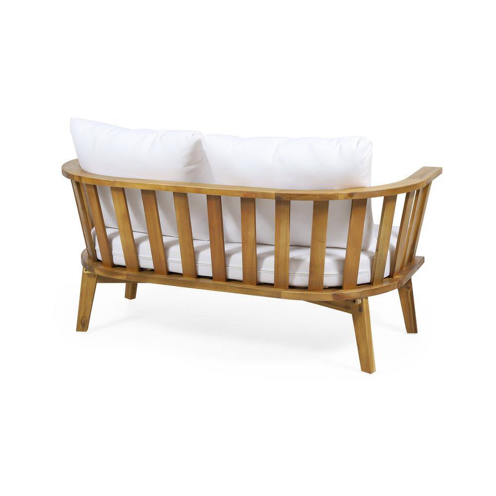 Teak Brown Wood Outdoor Loveseat with White Cushions