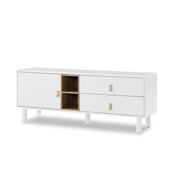 Aoibox Modern TV Cabinet with Door, Wooden Storage Cabinet, Drawer, Leather Handle for Home, Fits TV's up to 55, White