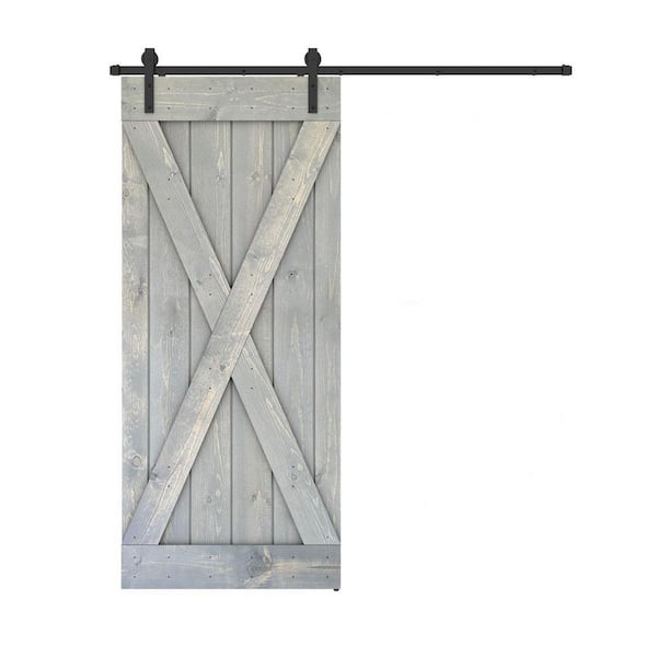 Dessliy X Series 42 in. x 84 in. Fully Set Up Weather Grey Finished Pine Wood Sliding Barn Door With Hardware Kit