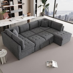 117.3 in. Oversized Armless Chenille U-shaped Convertible Sectional Sofa in Gray with Pull-out Sofa Bed, 2-Pillows