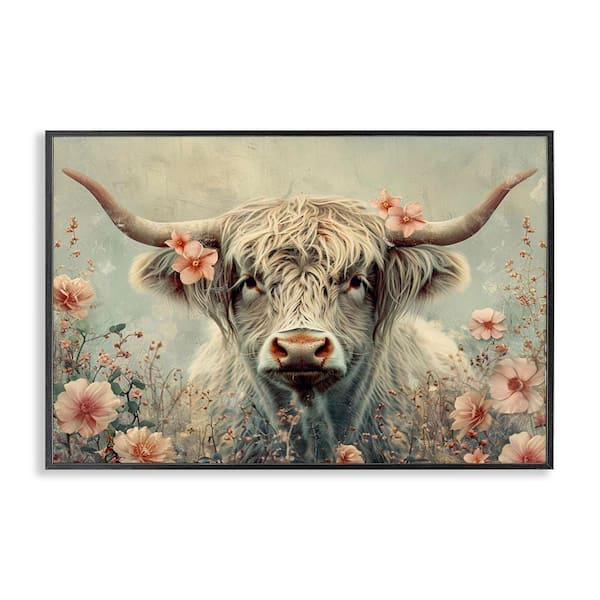 Cow with Cherry Blossoms by LSR Design Studio Black Framed Animal Giclee Art Print 20 in. x 30 in.