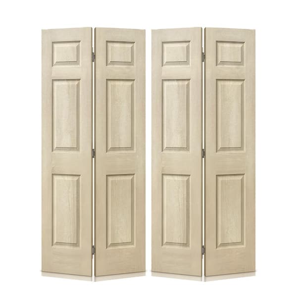 CALHOME 48 in. x 80 in. Vintage Cream Stain 6 Panel MDF Composite Bi-Fold Double Closet Door with Hardware Kit