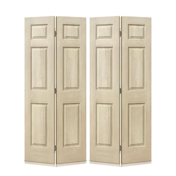 CALHOME 60 in. x 80 in. Vintage Cream Stain 6 Panel MDF Composite Bi-Fold Double Closet Door with Hardware Kit