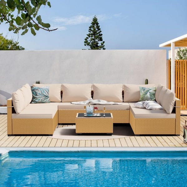 PATIOGUARDER 9-Piece Beige Wicker Patio Conversation Set with Beige Cushions and Coffee Table