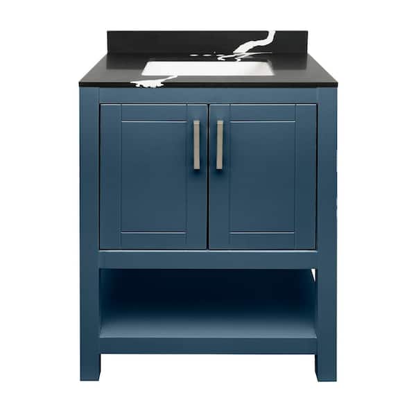 Amluxx Tufino 25 in. W x 19 in. D x 36 in. H Bath Vanity in Navy Blue with Calacatta Black Quartz Stone Vanity Top