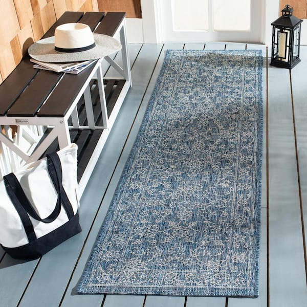 Courtyard Navy/Ivory 2 ft. x 18 ft. Border Floral Scroll Indoor/Outdoor Runner Rug