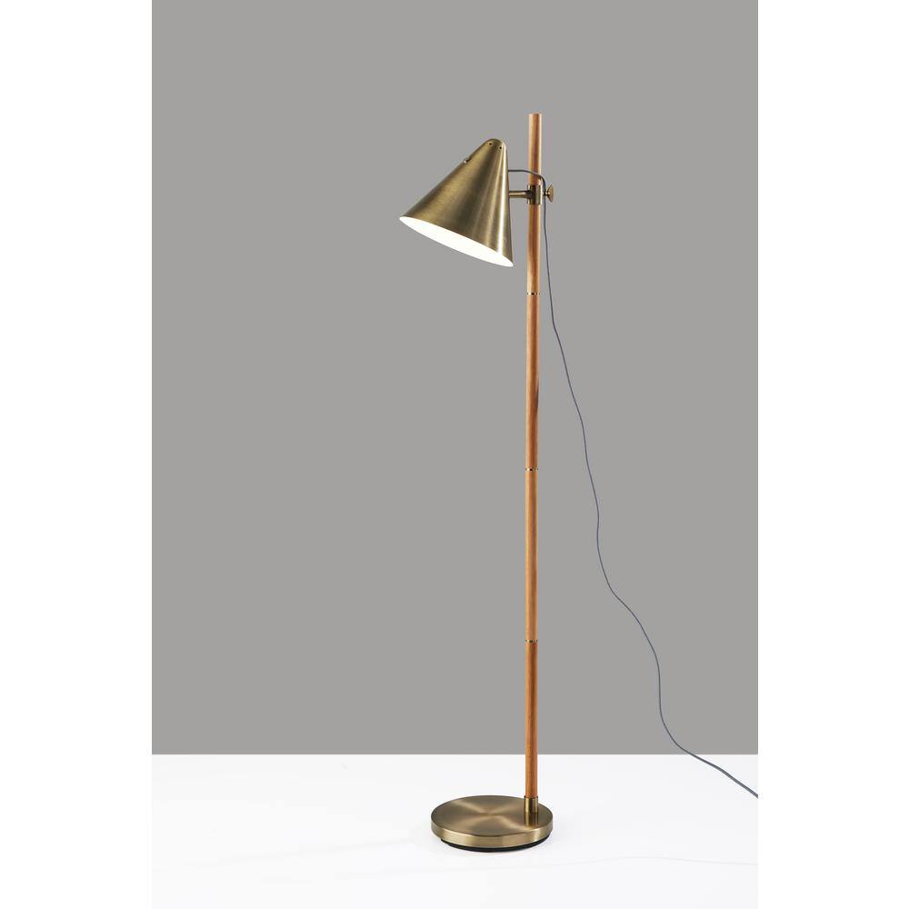 Adjustable Natural Rubberwood and Antique Brass Floor Lamp with Touch Switch