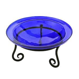 12.5 in. Dia Cobalt Blue Reflective Crackle Glass Birdbath Bowl with Short Stand