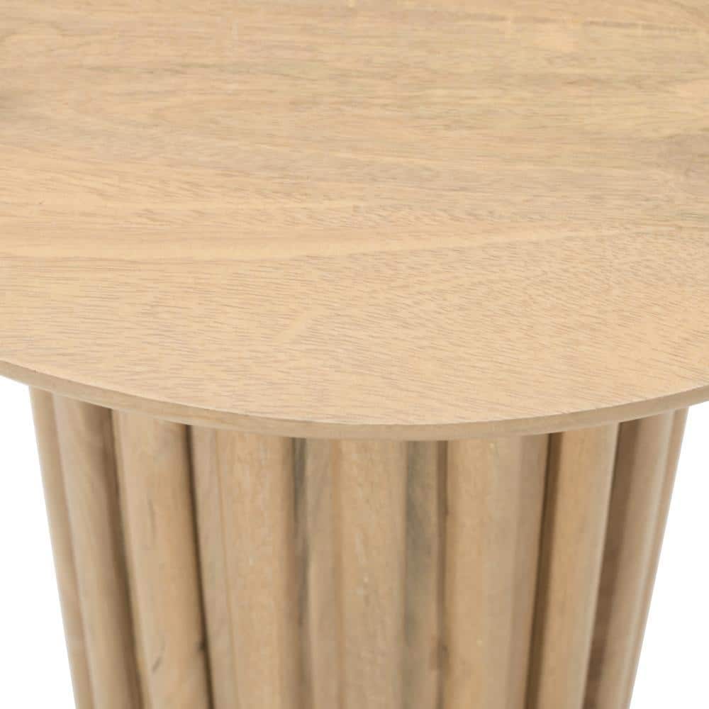 Light Brown Mango Wood Round Dinner Table with Ridged Plinth Base