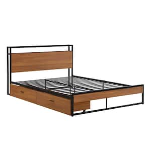 62.00 in. W Black Metal Frame Queen Platform Bed with 2-Drawers Sockets and USB Ports Slat Support