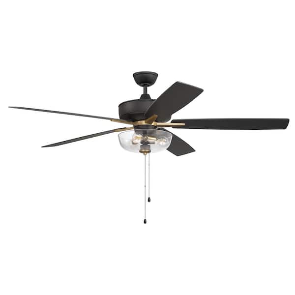 CRAFTMADE Super Pro-101 60 in. Flat Black/Satin Brass Heavy-Duty Dual Mount Indoor Ceiling Fan Includes Clear Glass Bowl Light Kit