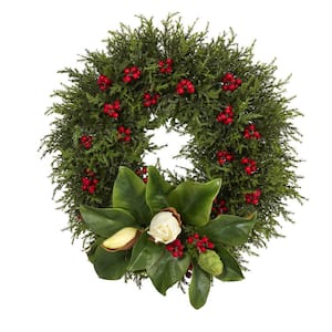 20 in. Cedar Berries and Magnolia Artificial Christmas Wreath