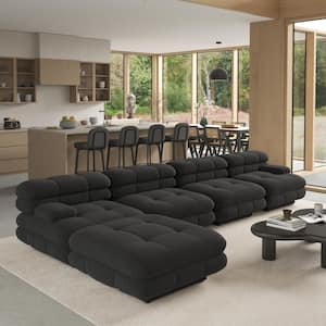 146.44 in. Square Arm 5-Piece Teddy Velvet Deep Seat Modular Sectional Sofa with Adjustable Armrest in Black
