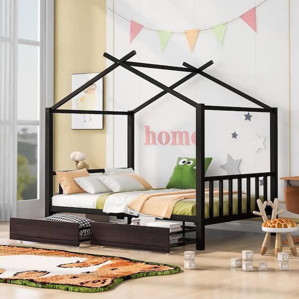 Polibi Black Metal Frame Full Size House Platform Bed with 2-Drawers, Headboard and Footboard, Roof Design