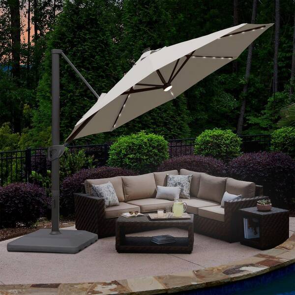 Mondawe 11 ft. Aluminum Solar LED Patio Cantilever Umbrella Outdoor Market  Hanging Umbrella with Crank and Base in Gray 2111GYLE-SM - The Home Depot