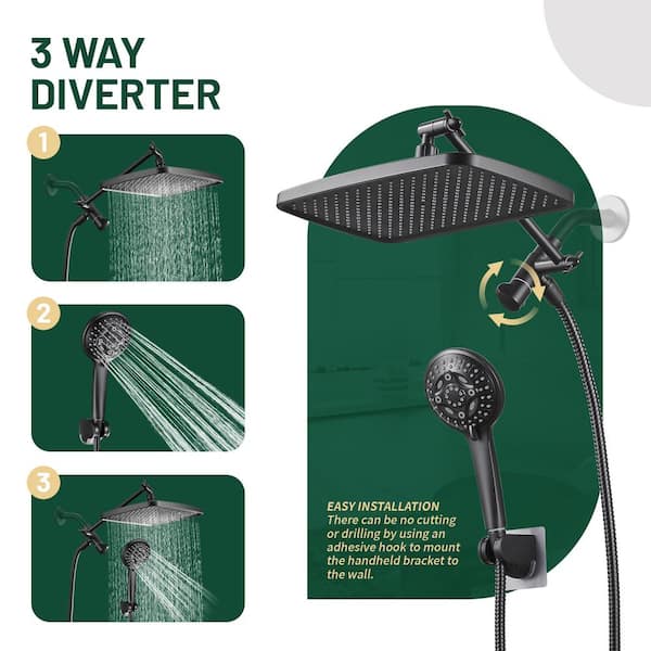 Rainfull 2-in-1 8-Spray Patterns with 1.8 GPM 12 in. Wall Mount Dual Shower Head and Handheld Shower Head in Black