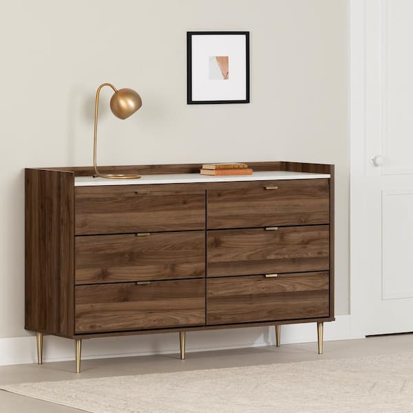 South Shore Hype 6-Drawer Natural Walnut and Carrara Marble Double Dresser  36 in. H x 57 in. W x 18 in. D 13527 - The Home Depot