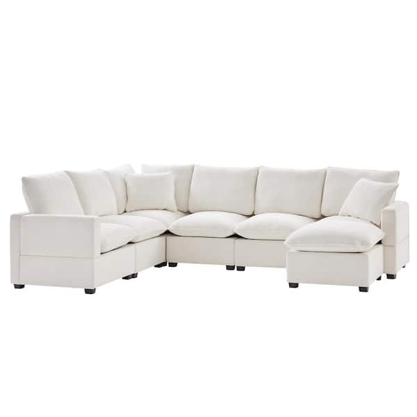Clihome Modern 110 in. Square Arm Chenille U-Shape 7-Seat Modular Sofa in White with 2-Pillows Included