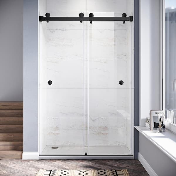 UKD01 46 to 49 in. W x 76 in. H Double Sliding Frameless Shower Door in Matte Black, EnduroShield 3/8 in. Clear Glass