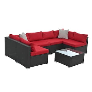 7-Piece Outdoor Patio PE Wicker Conversation Set with Tempered Glass Table and Red 6 Seat Cushions 10 Back Cushions