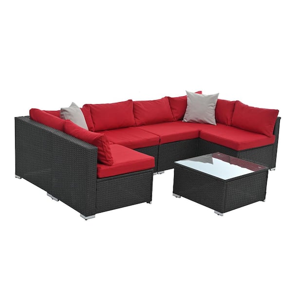 Tunearary 7-Piece Outdoor Patio PE Wicker Conversation Set with Tempered Glass Table and Red 6 Seat Cushions 10 Back Cushions