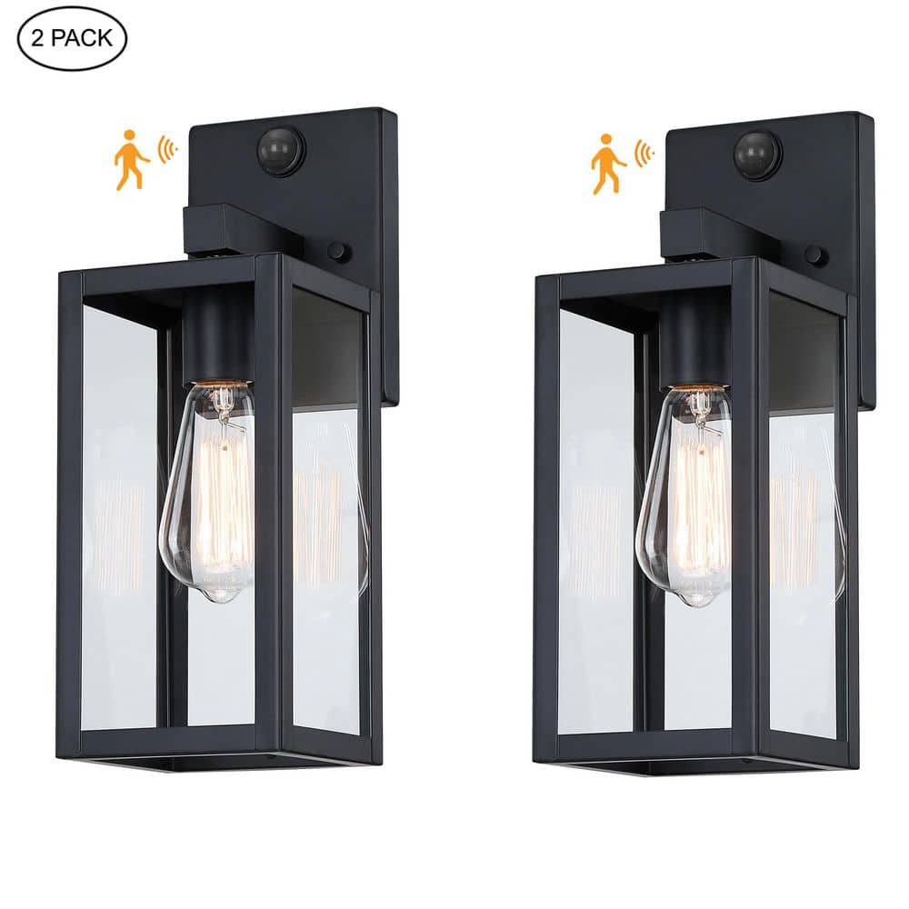 Hukoro 14.1 in. Matte Black Motion Sensor Outdoor Hardwired Wall Lantern Scone (2-Pack)