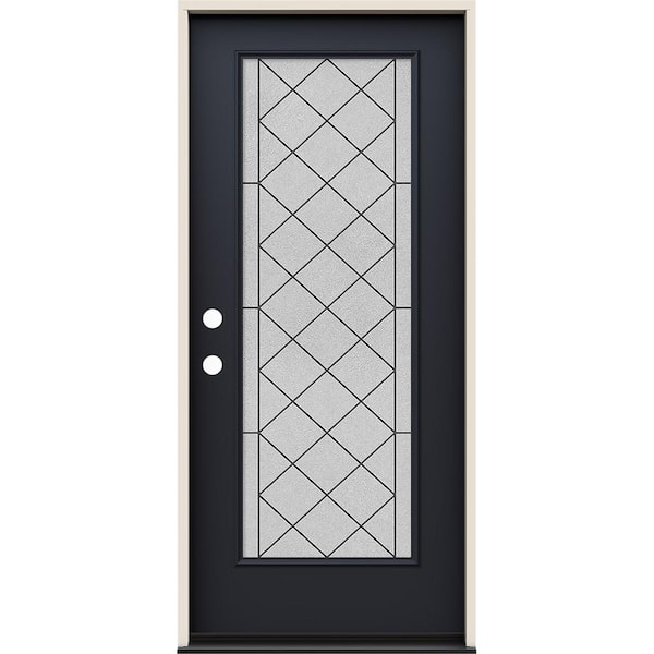 JELD-WEN 36 in. x 80 in. Right-Hand Full Lite Harris Decorative Glass Black Steel Prehung Front Door