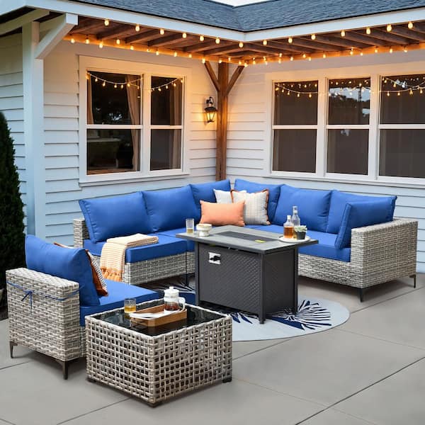 OVIOS Supery Gray 8-Piece Wicker Rectangle Fire Pit Patio Conversation Set with Navy Blue Cushions