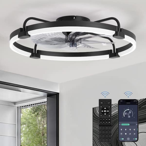 24 in. Dimmable LED Smart Indoor Black Modern Flush Mount Low Profile Ceiling Fan with Light and Remote Control and APP