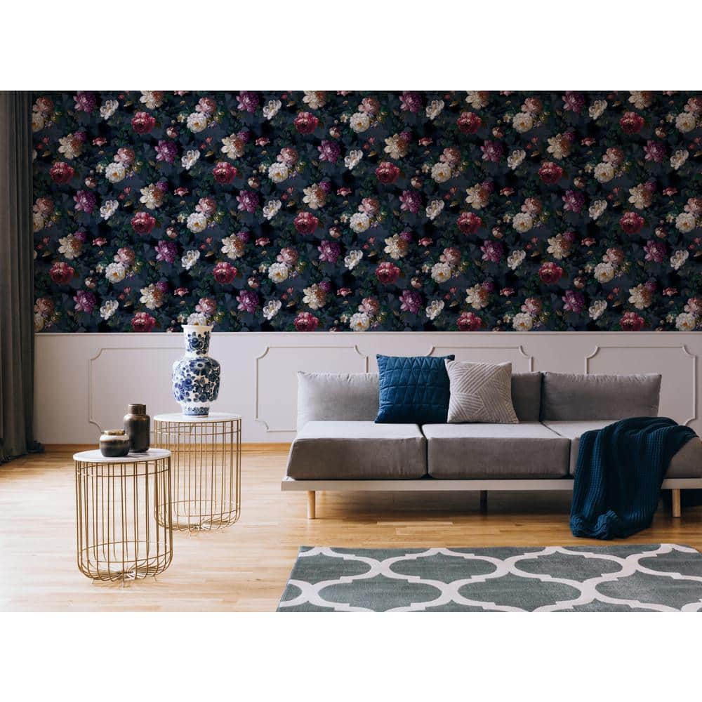 Navy Floral Wallpaper with Hand Painted Blooms, 20.5" x 396"