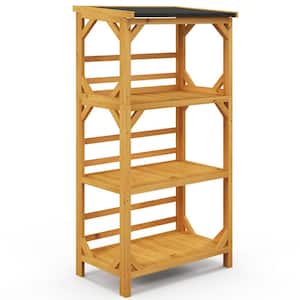 54 in. Tall Indoor/Outdoor Fir Wood Plant Stand with Weatherproof Asphalt Roof for Patio (3-Tiered)