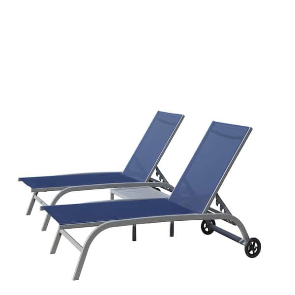 Zeus & Ruta 3-Pieces Aluminum Outdoor Chaise Lounge Pool Lounge Chair with Side Table, Wheels, and 5-Adjustable Position, Blue