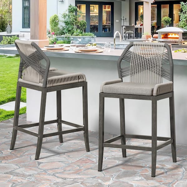 Hotormer Shanks Rattan Aluminum Frame Slate Gray Boho Counter Height Outdoor Bar Stool with Woven Rope Back (Set of 2)