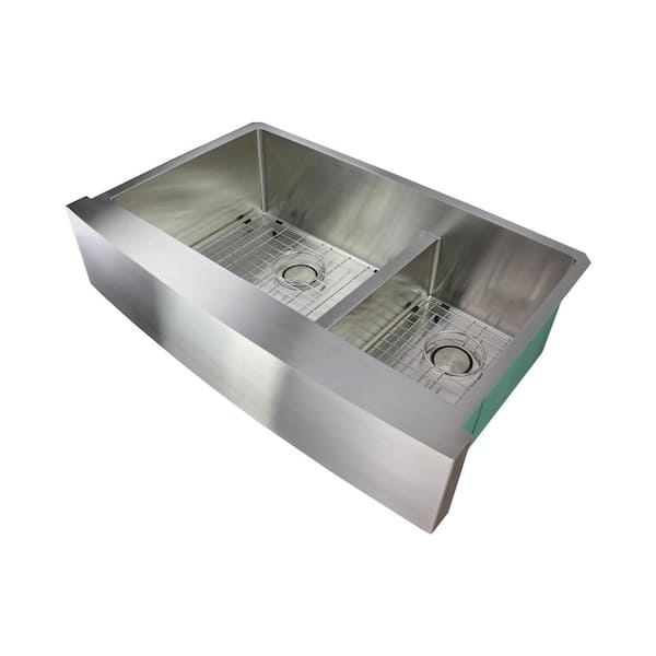 Transolid Diamond Farmhouse/Apron-Front Stainless Steel 36 in. Double Offset Bowl Kitchen Sink in Brushed Finish
