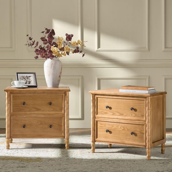 Fay Oak 2-Drawer 26 in. W Nightstand with Charging Station Set of 2