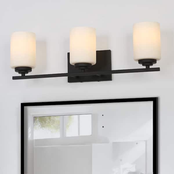 Modern Farmhouse 23 in. 3-Light Oil Rubbed Bronze Bath Vanity Light with White Frosted Glass Wall Light, LED Compatible