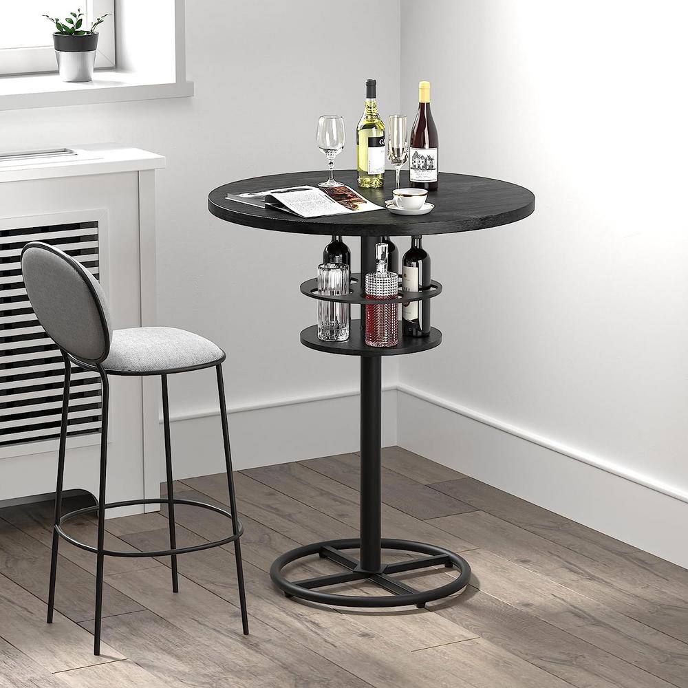 Black Round Counter Height Bar Table with Wood Top and Metal Pedestal
