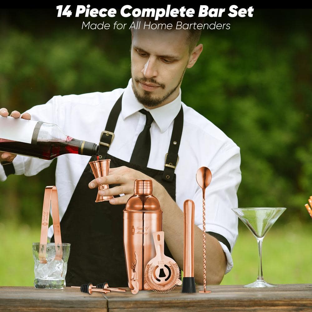 Rose Gold Stainless Steel Bartender Kit with Bamboo Stand