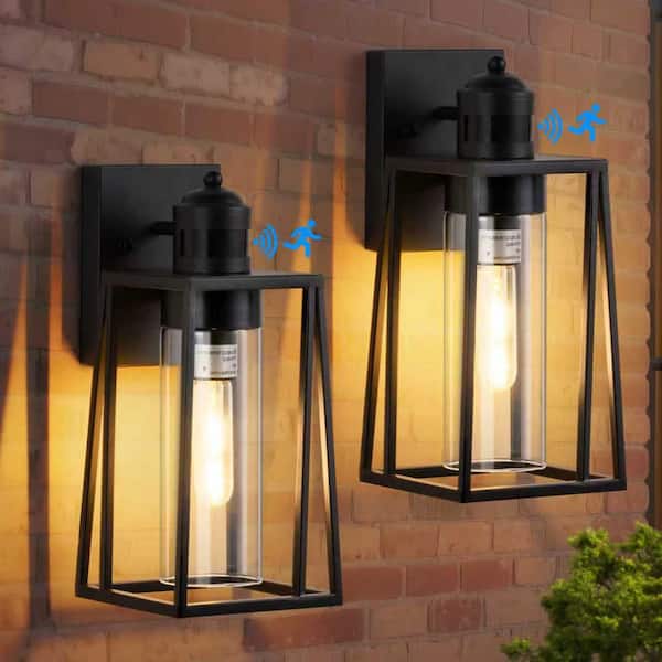 1-Light Matte Black Motion Sensing Dusk to Dawn Hardwired Outdoor Wall Lantern Sconce with Clear Glass(2-Pack)