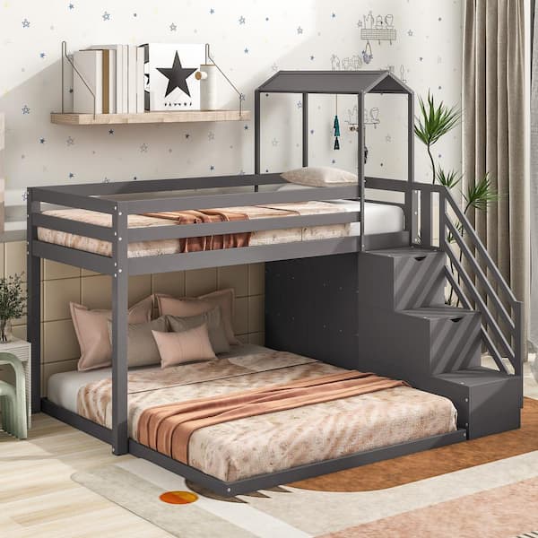 Qualler Gray Twin over Full Roof Bunk Bed with Staircase and Shelves