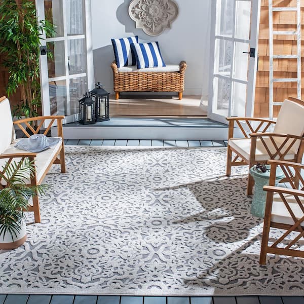 Cabana Ivory/Gray 9 ft. x 12 ft. Border Medallion Indoor/Outdoor Patio  Area Rug